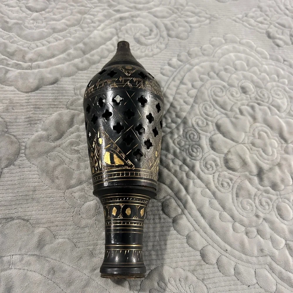 Vintage Persian Etched Brass Floor Lamp Black Gold Floral Tall Decorative Stand